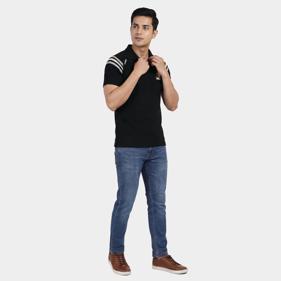 Men's Black Cotton Blend Polo Neck Classic T-Shirt, काला, large