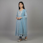 Girls' Sky Blue Cotton Embroidered Kurta and Churidar Fusion Set, Light Blue, small image number null