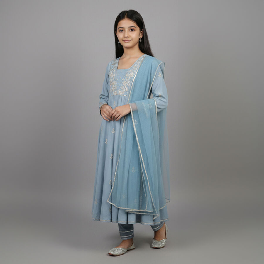 Girls' Sky Blue Cotton Embroidered Kurta and Churidar Fusion Set, Light Blue, large image number null
