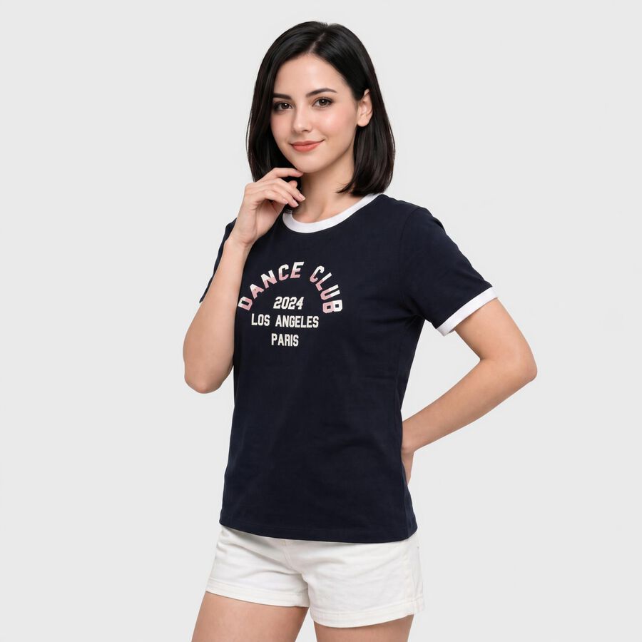 Women's Navy Blue Round Neck Regular T-Shirt, नेवी ब्लू, large