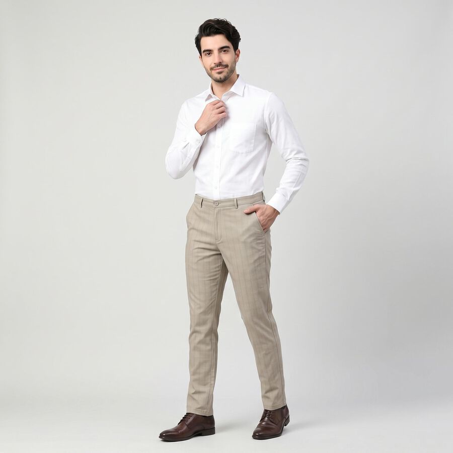 Men's Light Grey Slim Fit Checked Chino Trousers, हल्का ग्रे, large