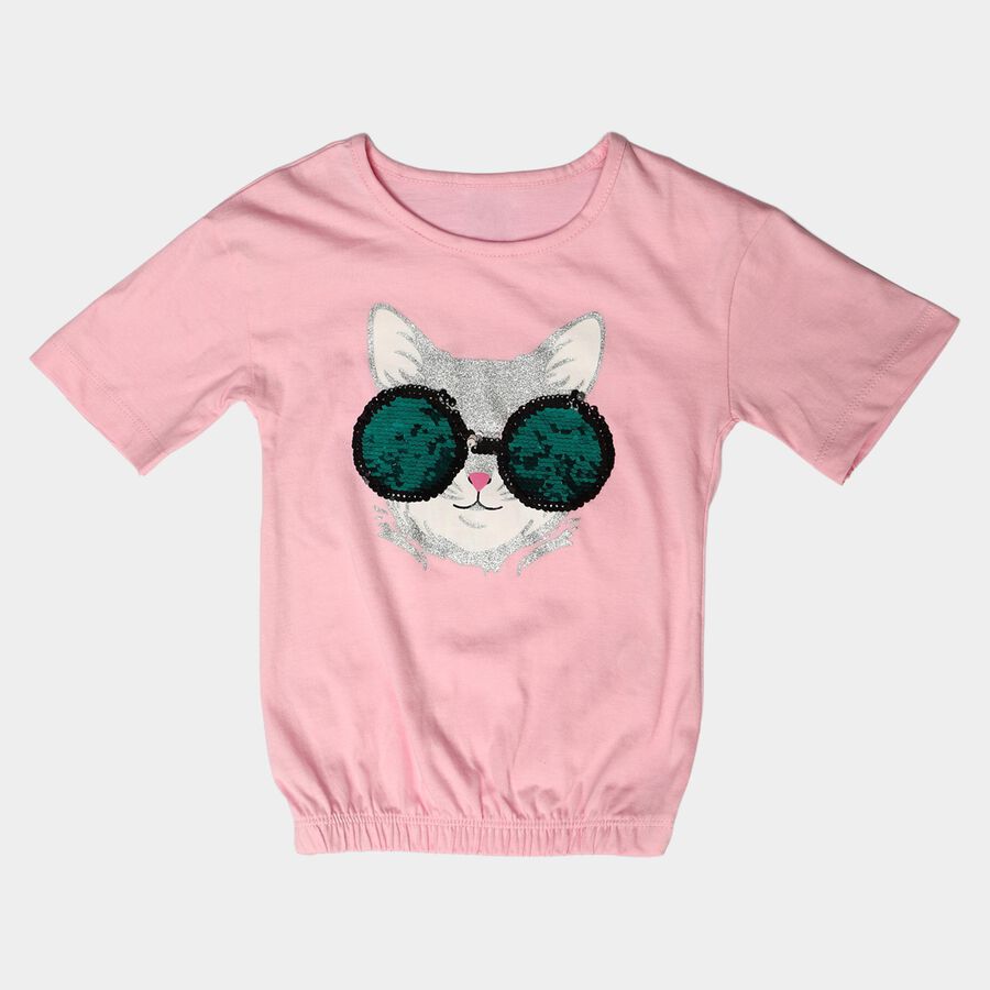 Girls Pink Cotton Round Neck Regular T-Shirt, हल्का गुलाबी, large