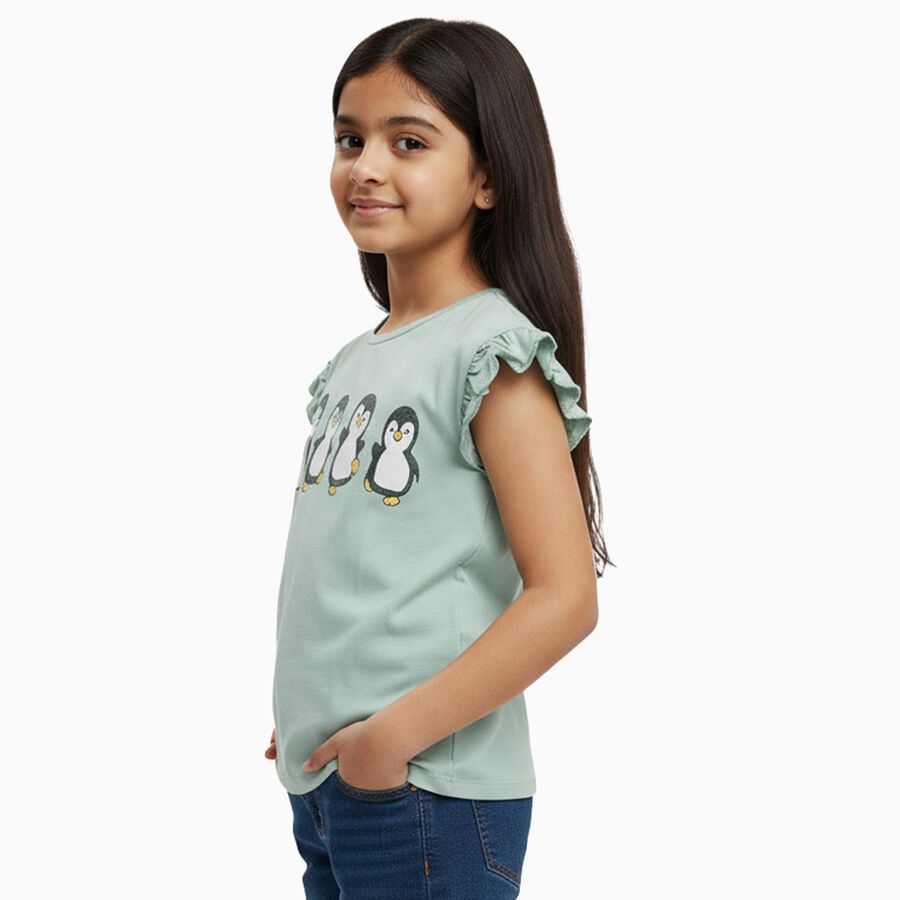 Girls Light Sage Green Cotton Round Neck Casual T-Shirt, हल्का ग्रे, large