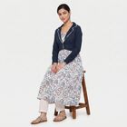 Women's Navy Blue Cotton Lapel Collar Floral Printed Flared Kurta, Navy Blue, small