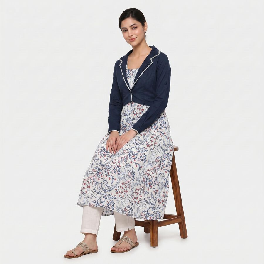 Women's Navy Blue Cotton Lapel Collar Floral Printed Flared Kurta, Navy Blue, large