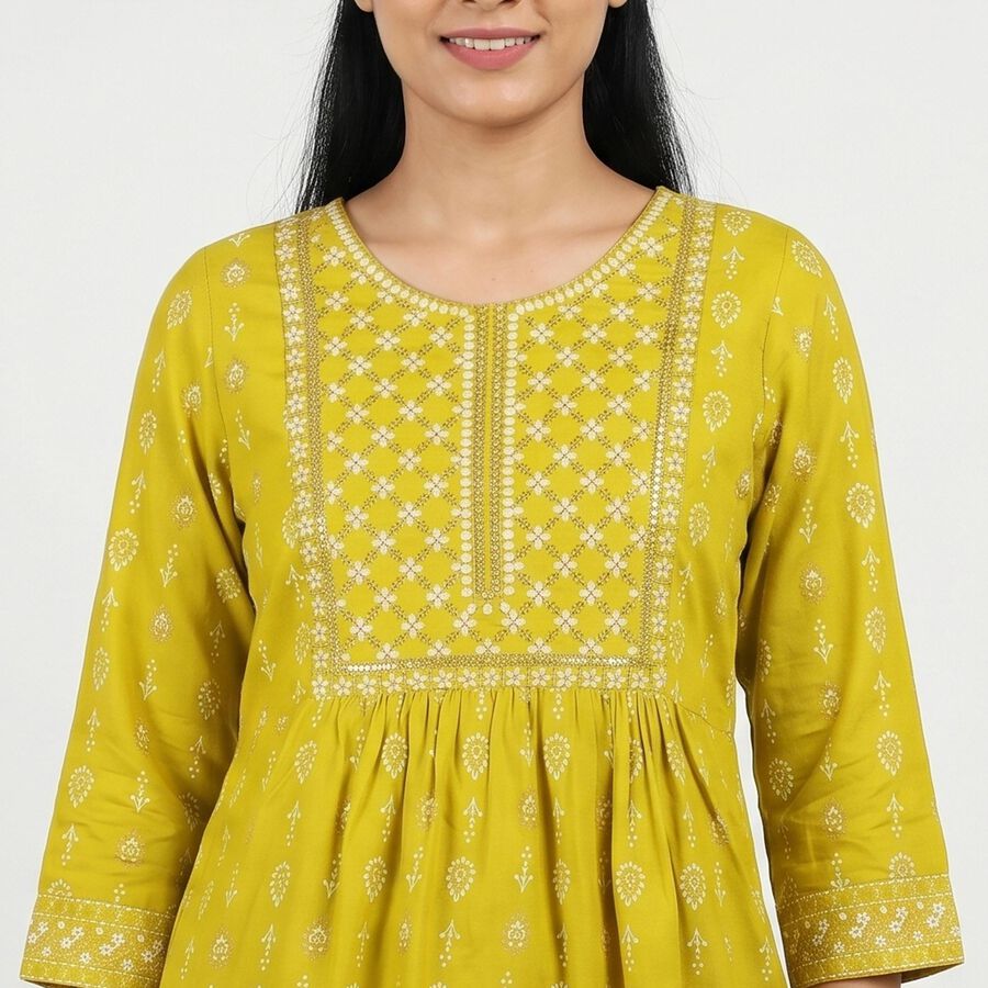 Women's Light Green Round Neck Printed A-Line Kurti, Light Green, large