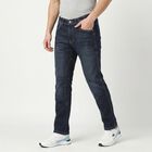 Men's Navy Blue Straight Fit Panelled Washed Jeans, Dark Blue, small