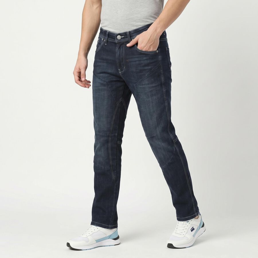 Men's Navy Blue Straight Fit Panelled Washed Jeans, Dark Blue, large