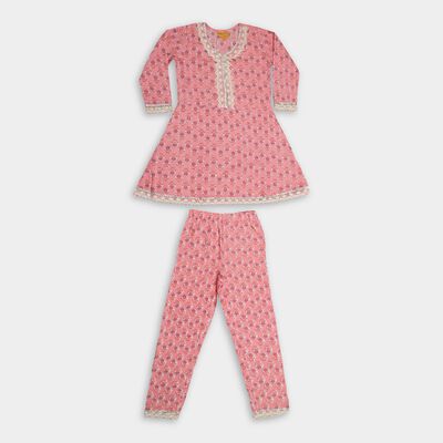 Girls' Soft Pink Floral Lace-Trimmed Kurta and Pants Fusion Set