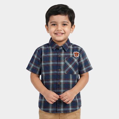 Boys Navy Blue 100% Cotton Checked Shirt