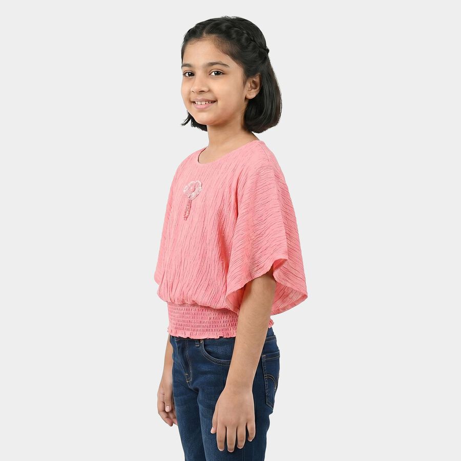 Girls Pink Round Neck Regular T-Shirt, हल्का गुलाबी, large