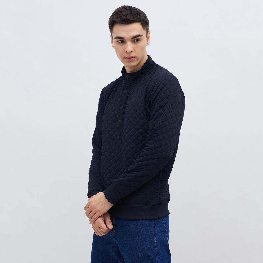 Men's Deep Midnight Navy Buttoned Neckline Quilted Sweatshirt, Navy Blue, large image number null