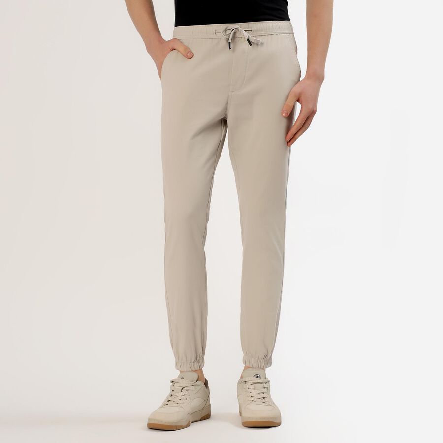 Men's Light Beige Slim Fit Elastic Waist Casual Trousers, Silver, large