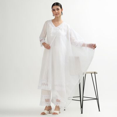 Women's White Cotton Embroidered Ethnic Set