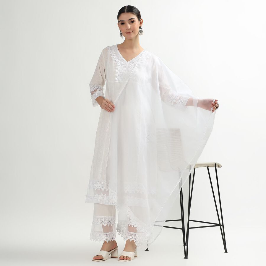 Women's White Cotton Embroidered Ethnic Set, Off White, large image number null