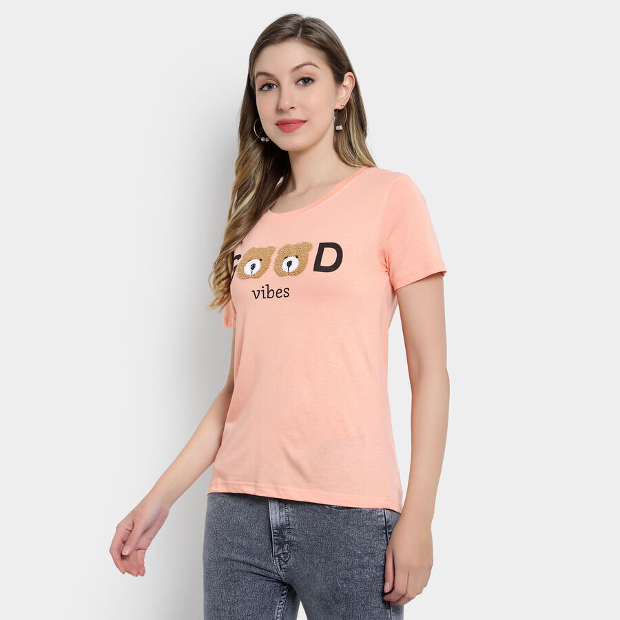 Embellished Round Neck T-Shirt, Peach, large image number null