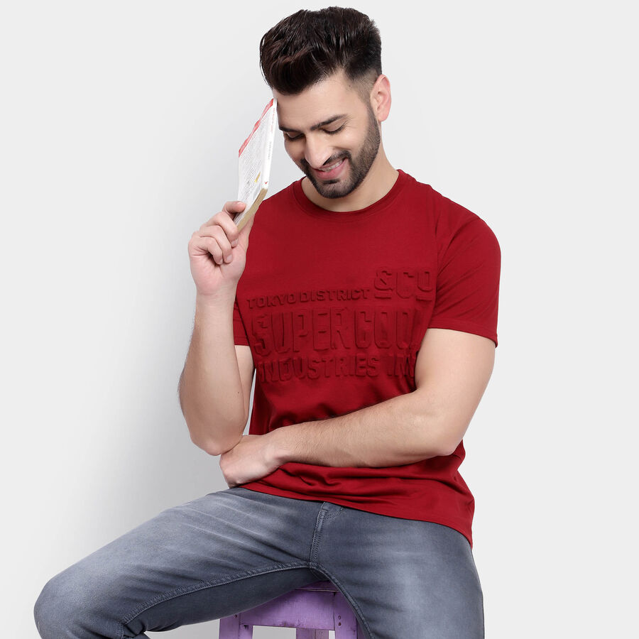 Cotton Solid Round Neck T-Shirt, Maroon, large image number null