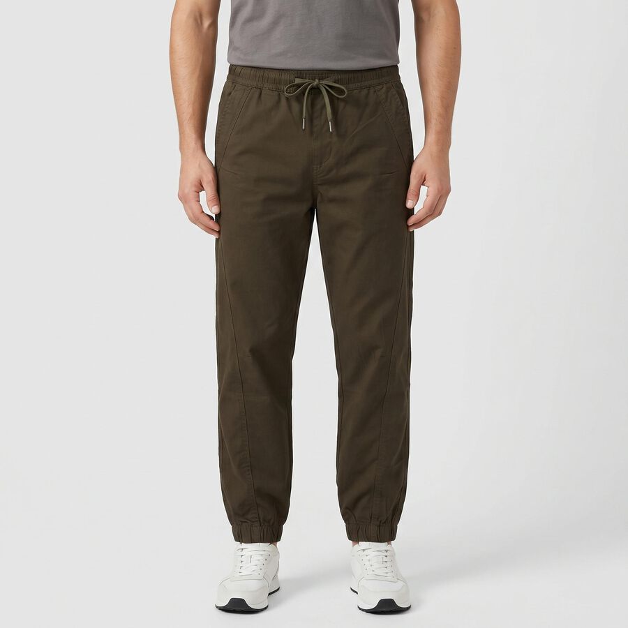 Men's Olive Green Slim Fit Jogger Trousers, ओलिव, large