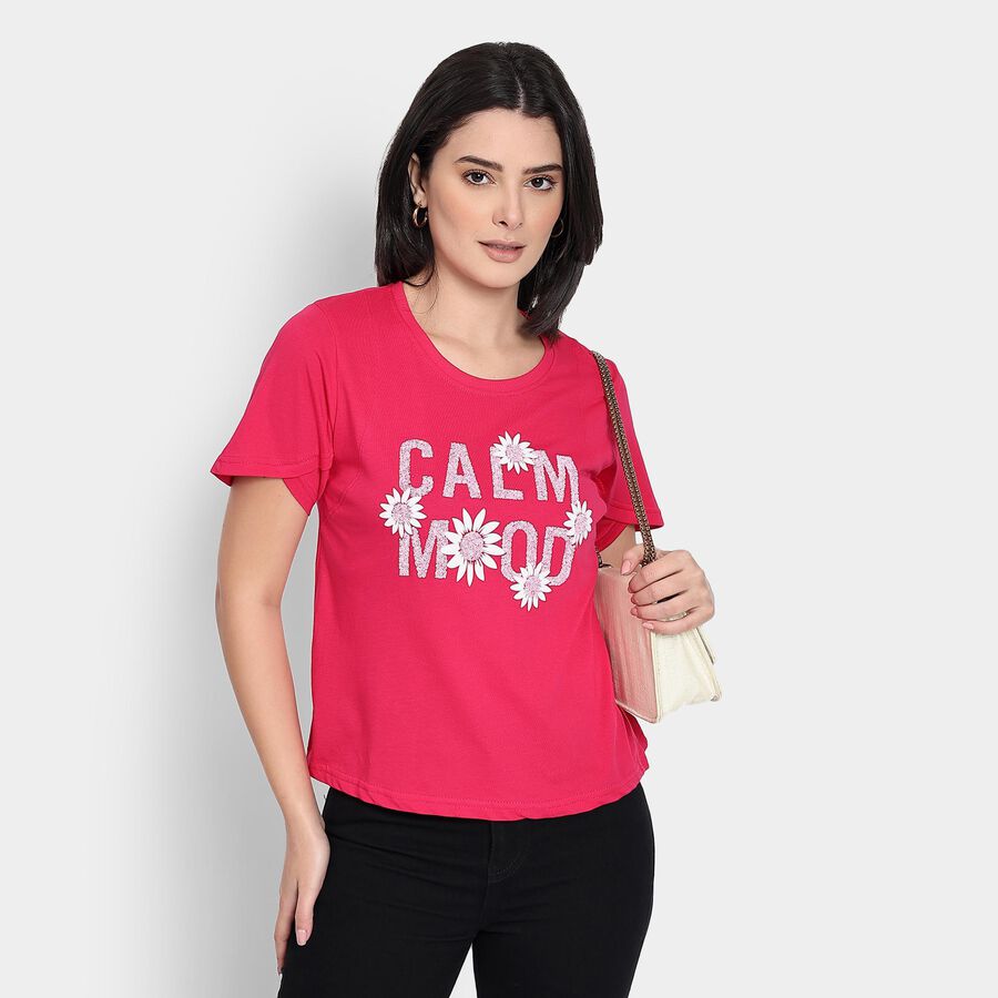 Ladies' 100% Cotton Round Neck T-Shirt , Fuchsia, large image number null