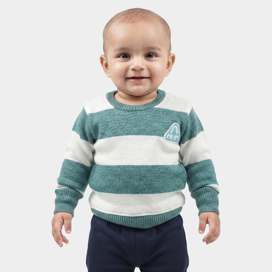 Infants' Teal Crew Neck Striped Pullover, टील ब्लू, large