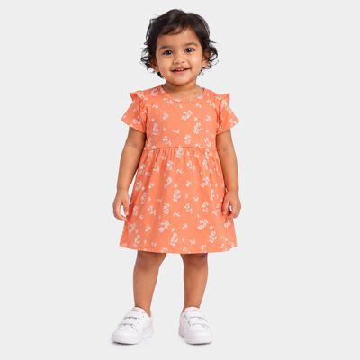 Infants' Peach Floral Printed Fit and Flare Frock