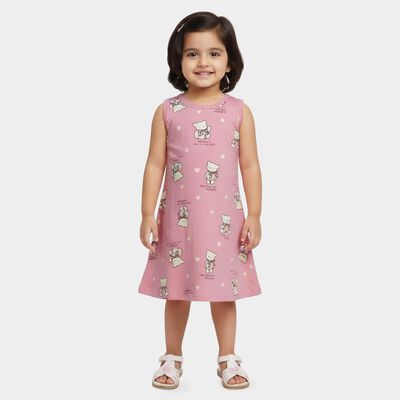 Girls' Pink Teddy Bear Printed Sleeveless A-Line Frock