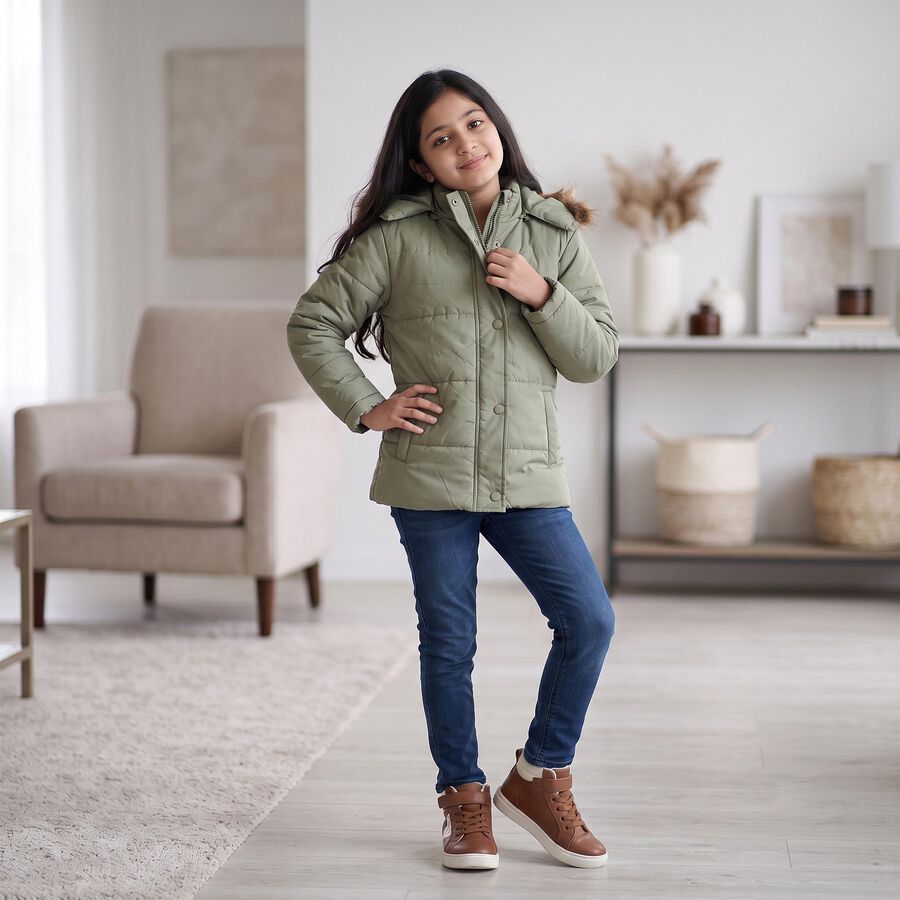 Girls' Sage Green Hooded Puffer Jacket, Light Green, large