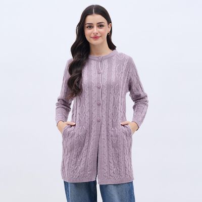 Women's Lavender Round Neck Casual Cardigan
