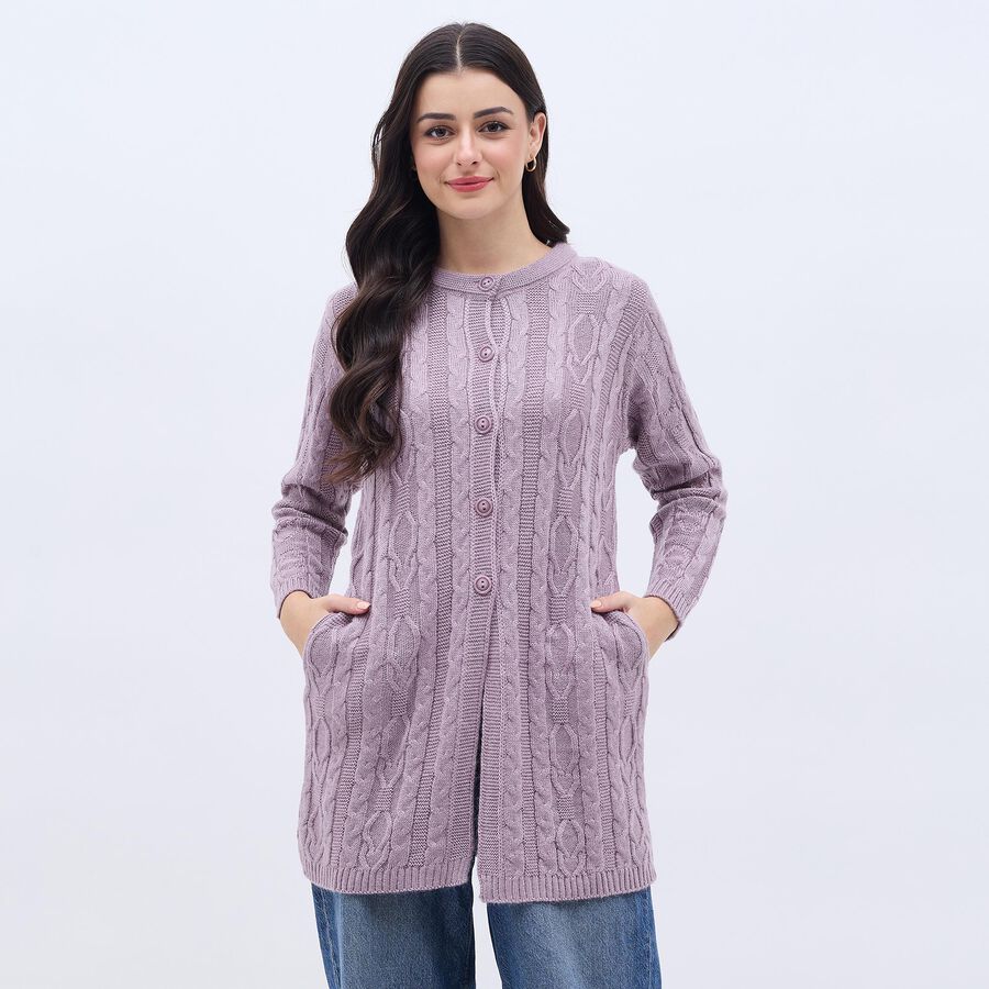 Women's Lavender Round Neck Casual Cardigan, लाइलेक, large image number null