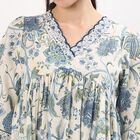 Women's Ivory Cotton V-Neck Floral Printed Kurti, Light Blue, small
