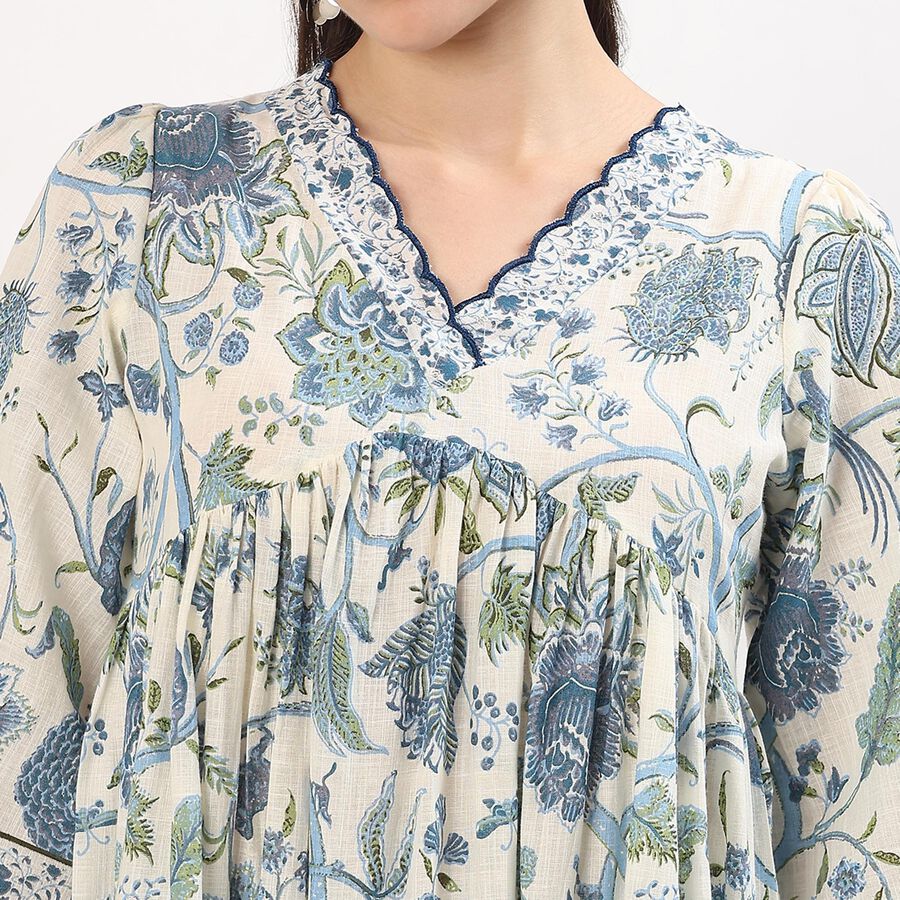 Women's Ivory Cotton V-Neck Floral Printed Kurti, Light Blue, large