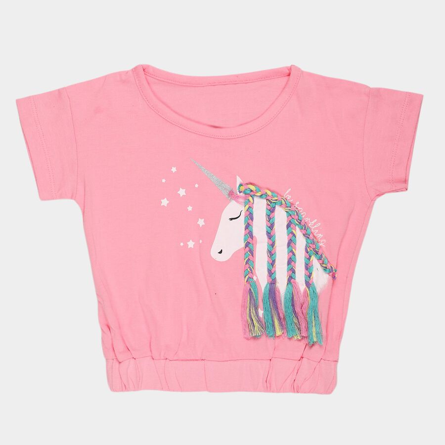Girls' Pink Cotton Crew Neck Casual Unicorn Printed T-Shirt, Light Pink, large