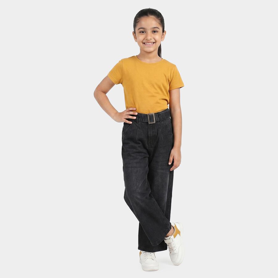 Girls Black Wide Leg Belted Jeans, Black, large
