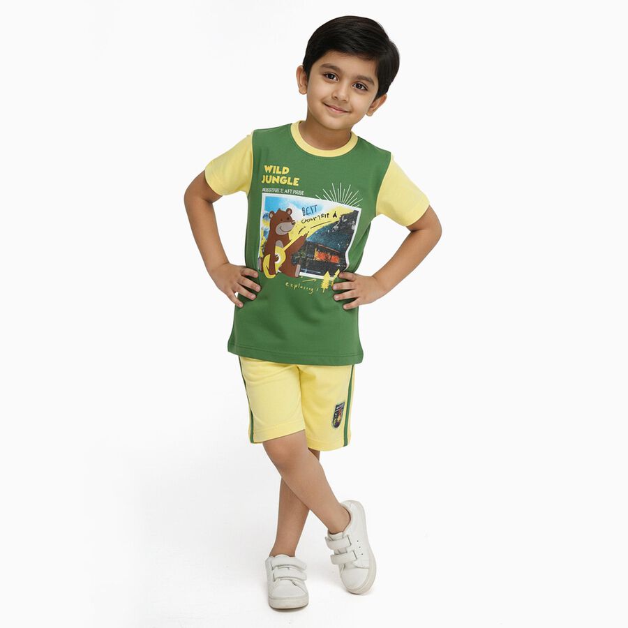 Boys' Dark Green Cotton Round Neck Cartoon Print Baba Suit, गहरा हरा, large image number null
