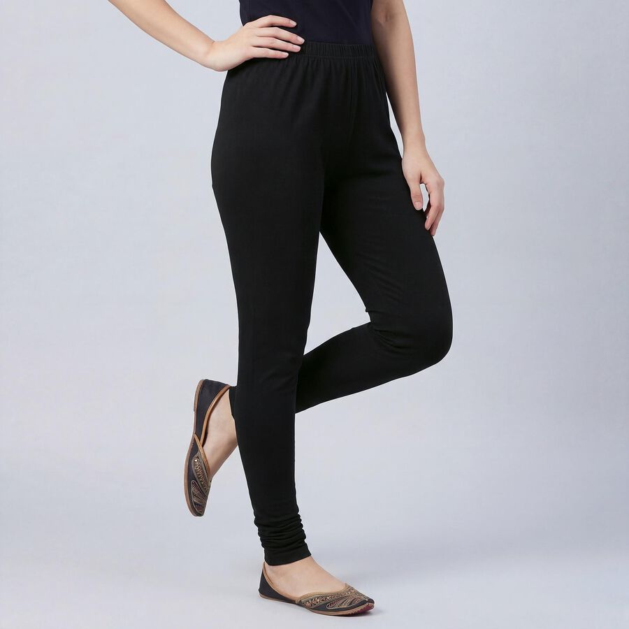 Women's Black Slim Fit Solid Cotton Blend Churidar, Black, large