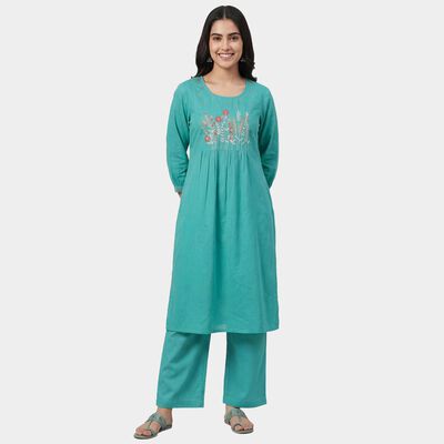 Women's Mint 100% Cotton V-Neck Floral Printed Kurta