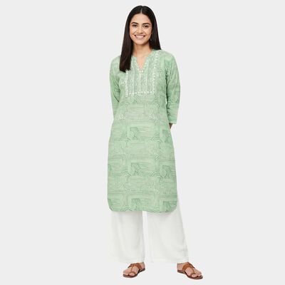 Women's Mint Notch Neck Floral Printed Kurta