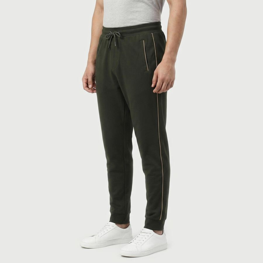 Men's Olive Green Jogger Fit Side-Striped Track Pants, ओलिव, large