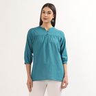 Women's Deep Midnight Blue Cotton Round Neck Floral Printed Kurti, Mid Blue, small