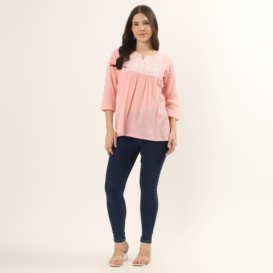 Women's Pink Cotton Round Neck Floral Printed Kurti, Light Pink, large