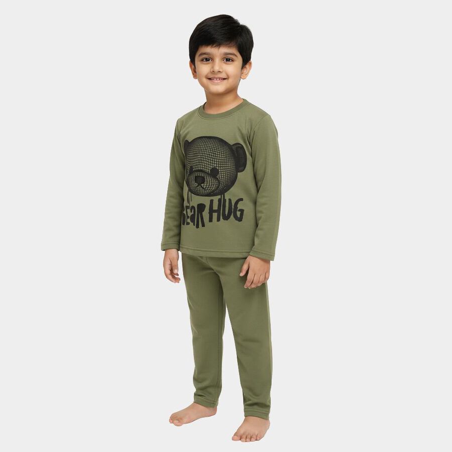 Boys' Olive Round Neck Bear Print Baba Suit, ओलिव, large image number null