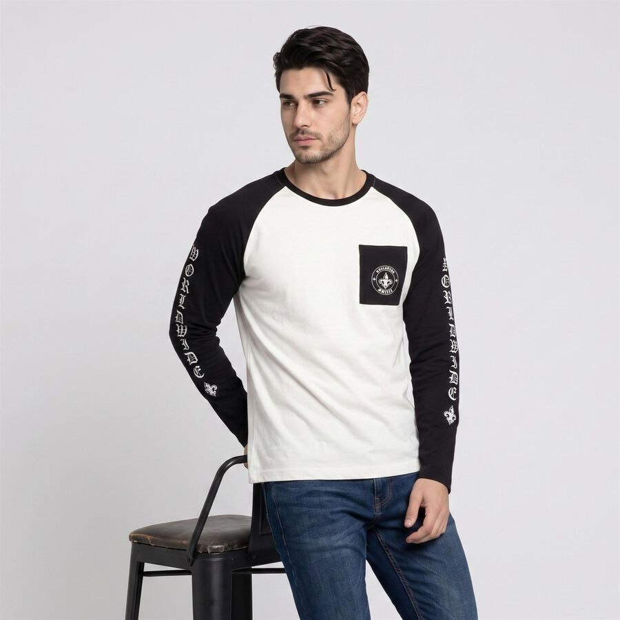 Men's White Crew Neck Raglan T-Shirt, White, large