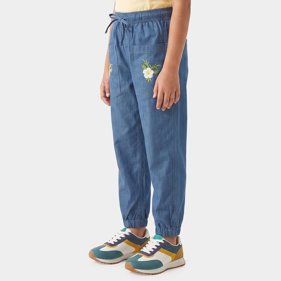 Girls Blue Jogger Fit Embroidered Jeans, Mid Blue, large