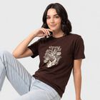 Women's Brown Round Neck Regular Graphic Print T-Shirt, भूरा, small