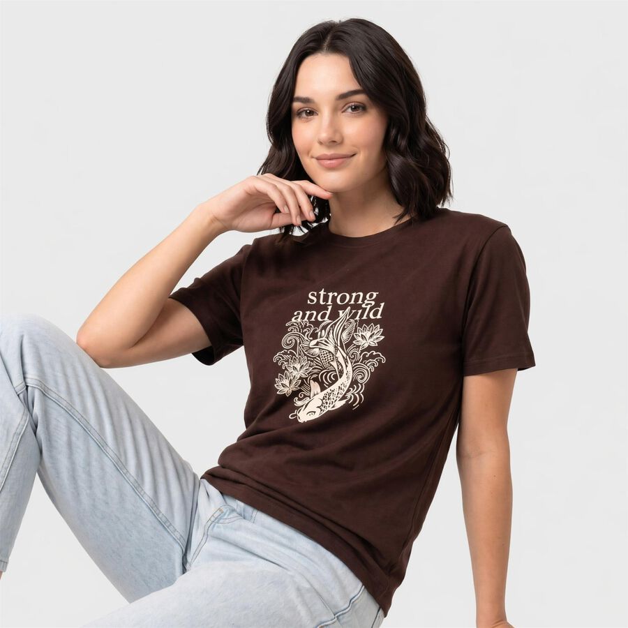 Women's Brown Round Neck Regular Graphic Print T-Shirt, भूरा, large