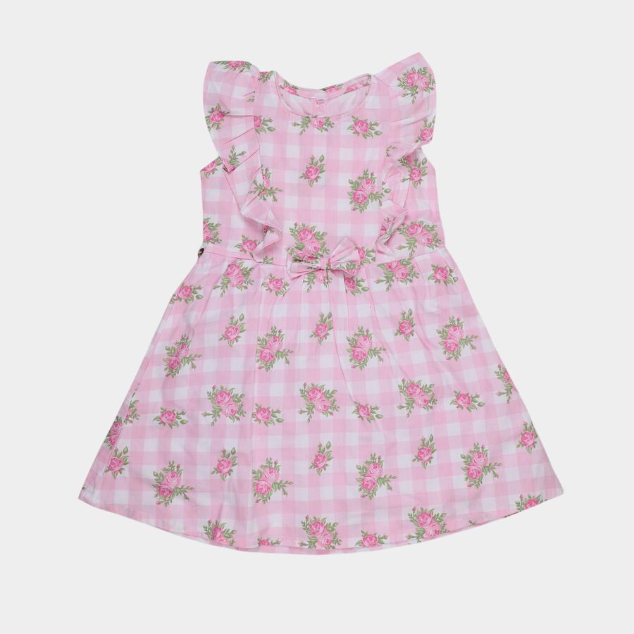 Girls' Pink Floral Printed Ruffled Sleeveless Frock, Light Pink, large