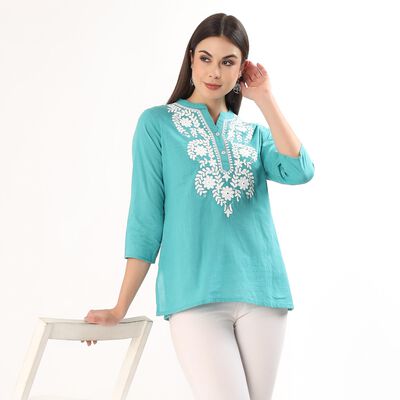 Women's Light Blue Cotton Round Neck Straight Kurti