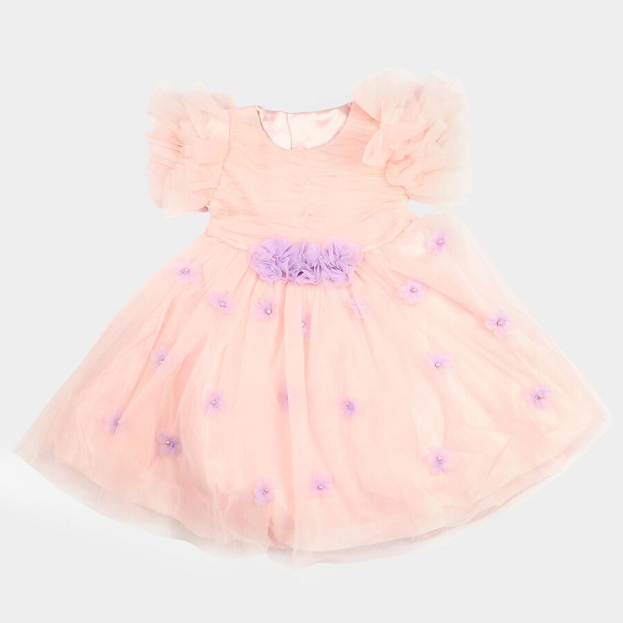 Girls' Pink Fit and Flare 3D Floral Applique Party Wear Frock, Light Pink, large