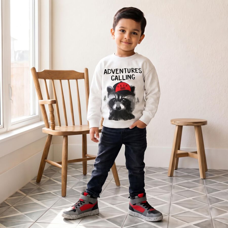 Boys' Grey Crew Neck Graphic Print Sweatshirt, मिश्रित हल्का ग्रे, large