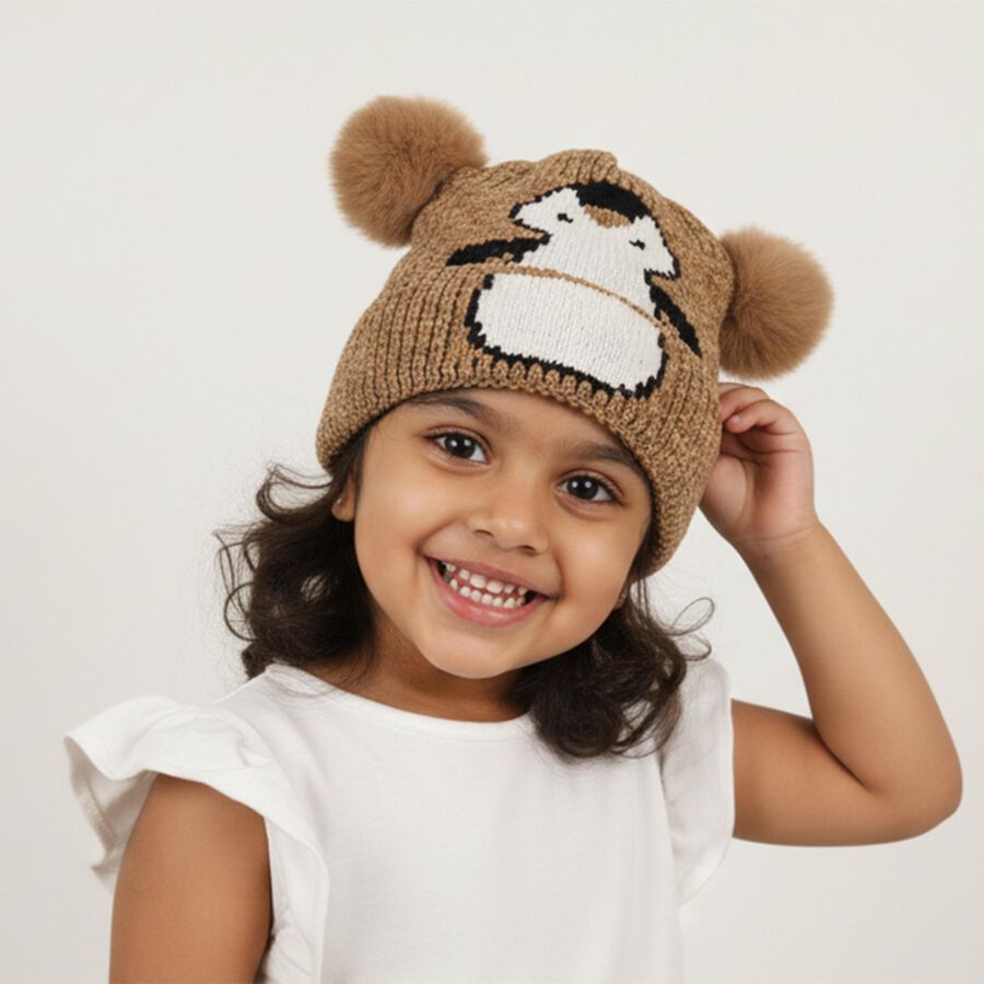 Girls Winter Cap, Brown, large image number null